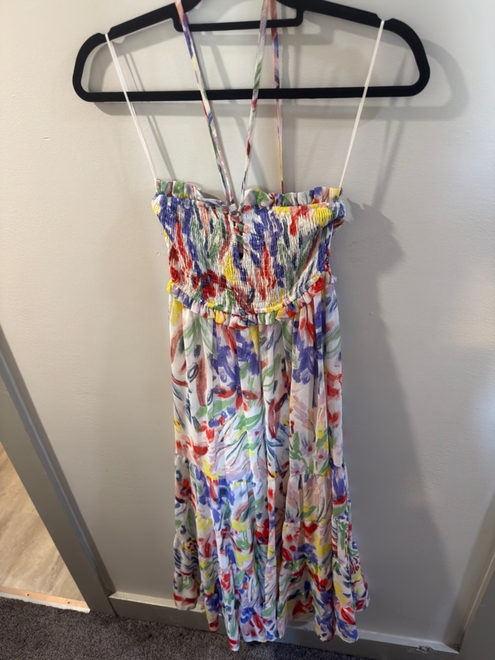 Aqua - Watercolor Floral Midi Dress – Smocked Bodice  – Women’s Small - Picture 3 of 7